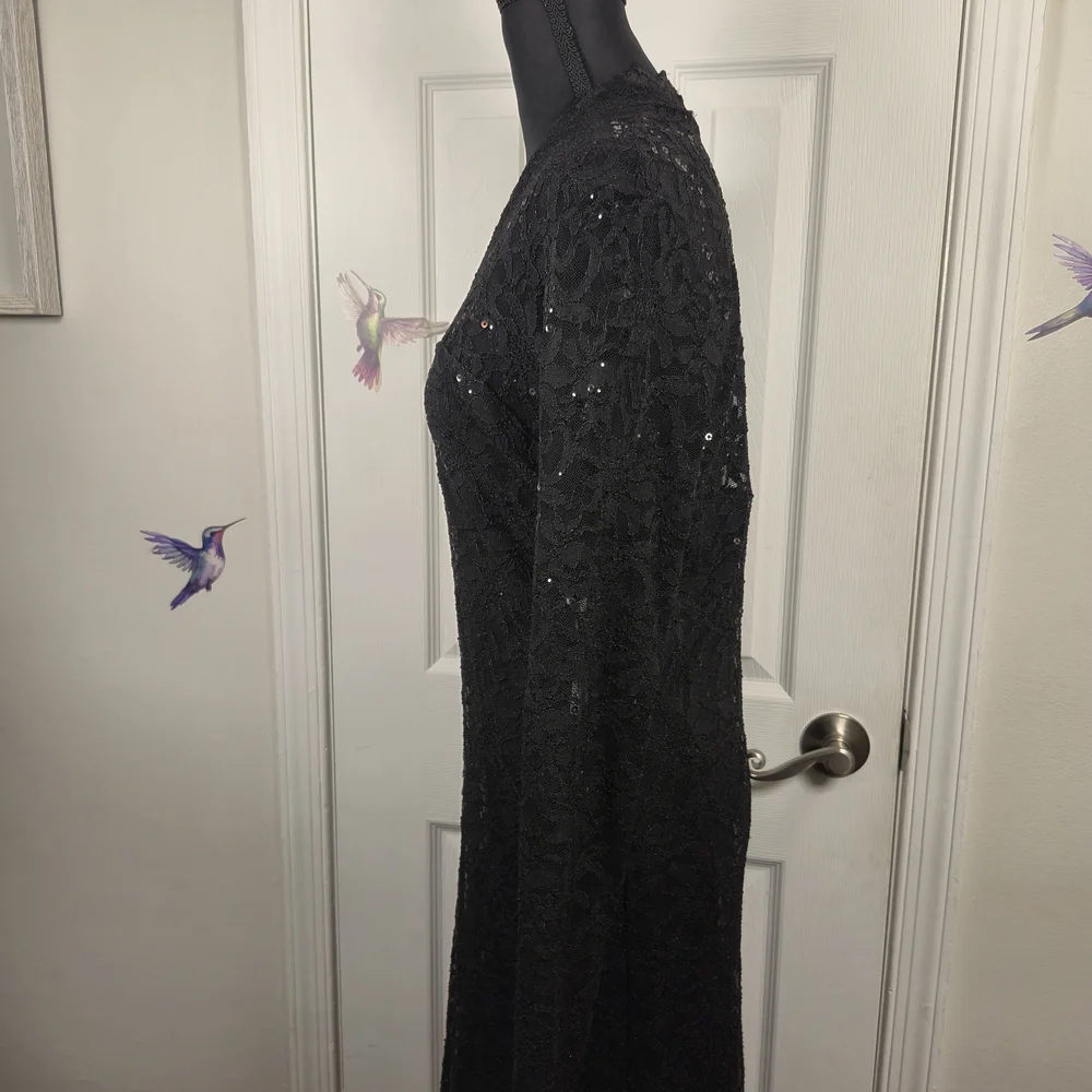 MARINA Black Sequin Lace Long Sleeve Mini Dress Size 12 Cocktail Evening LBD - Picture 7 of 9